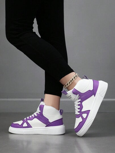 حذاء رياضي للنساء أبيض عالي القمة , مريح تنفس مع تصميم رباط