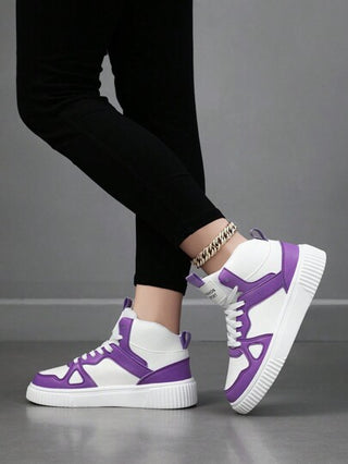 حذاء رياضي للنساء أبيض عالي القمة , مريح تنفس مع تصميم رباط