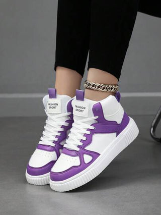 حذاء رياضي للنساء أبيض عالي القمة , مريح تنفس مع تصميم رباط