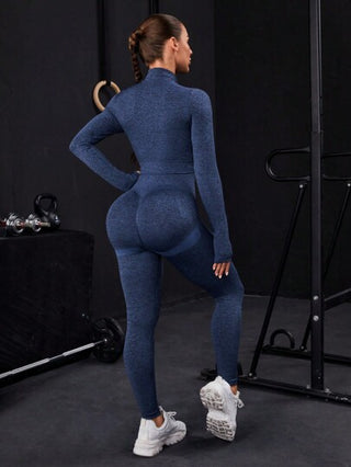 POWERISTA Powerista طقم رياضي للنساء يضم سترة ذات سحاب وتفاصيل خياطة وثقوب إبهام، وبنطلون لياقة