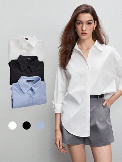 BizChic قميص عمل أبيض للنساء بياقة منخفضة وذيل منحني، قميص أبيض طويل الأكمام كاجوال مفتوح من الأمام وكبير الحجم للنساء، قميص أبيض طويل الأكمام للربيع والخريف للعمل والأعمال المهنية، بلوزة أبيض مفتوحة الأمام عصرية للتنقل