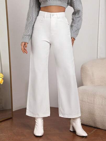 SHEIN Frenchy بنطلون جينز موحدة اللون ساق عريضة