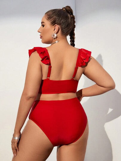 Swim Vcay مجموعة بكيني مكونة من ملابس علوية صيفي بأكمام واسعة وحواف مطوية وملابس داخلية نسائية مرتفعة الخصر بتصميم الرداء المجعد للشاطئ