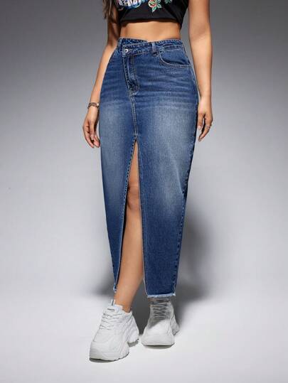 EZwear تنورة دنيم خصر عالي حافة خام