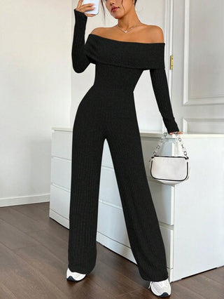 EZwear بدلة ذات ساق واسعة منسدلة عن الكتف للاسترخاء والمنزل باللون الأسود