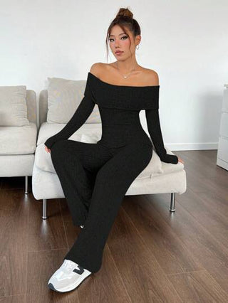 EZwear بدلة ذات ساق واسعة منسدلة عن الكتف للاسترخاء والمنزل باللون الأسود