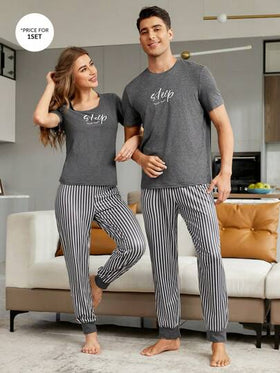 CoupledUp طقم بيجامة مطابق للزوجين (يباع بشكل منفصل) قميص تي شيرت بطباعة حرفية للرجال وبنطال مخطط