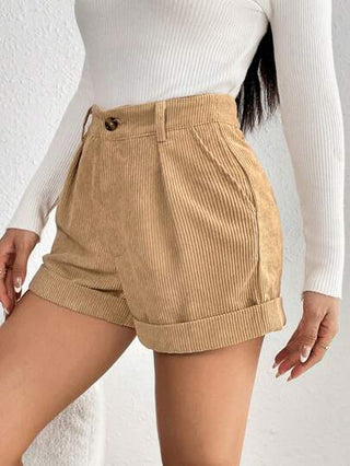 PETITE بنطلون قصير خصر عالي بحافة ملتف نسيج قطن