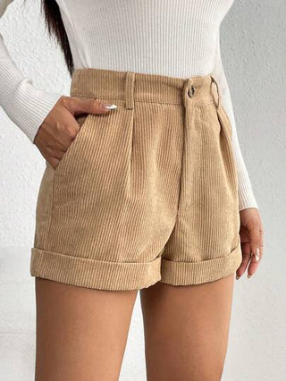PETITE بنطلون قصير خصر عالي بحافة ملتف نسيج قطن