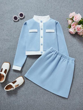 girls-sets بنت طفل مقلم متباين جاكيت & تنورة