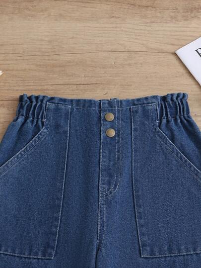 SHEIN بنطلون جينز بخصر مسطح وجيوب واسع الساق للفتيات المراهقات، طراز بوهيمي عادي مناسب للعطلات، ملابس يومية مميزة