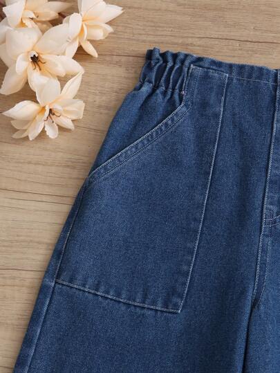 SHEIN بنطلون جينز بخصر مسطح وجيوب واسع الساق للفتيات المراهقات، طراز بوهيمي عادي مناسب للعطلات، ملابس يومية مميزة