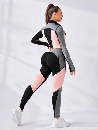 SHEIN Sport Studio طقم ملابس رياضية مكون من بلوزة رياضية نصف سحاب متطرف اللون والسروال الرياضي، طقم رياضة للنساء