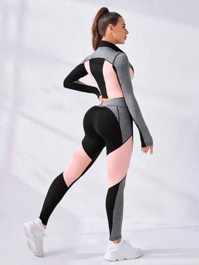 SHEIN Sport Studio طقم ملابس رياضية مكون من بلوزة رياضية نصف سحاب متطرف اللون والسروال الرياضي، طقم رياضة للنساء