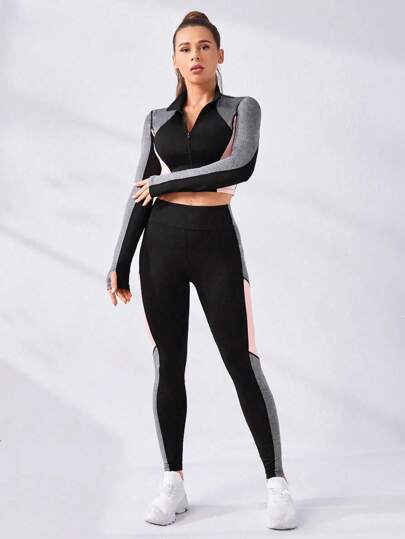 SHEIN Sport Studio طقم ملابس رياضية مكون من بلوزة رياضية نصف سحاب متطرف اللون والسروال الرياضي، طقم رياضة للنساء