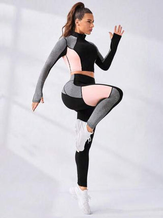 SHEIN Sport Studio طقم ملابس رياضية مكون من بلوزة رياضية نصف سحاب متطرف اللون والسروال الرياضي، طقم رياضة للنساء