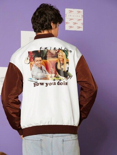 FRIENDS X SHEIN جاكيت طيار بينما وأبيض أسود قطعة رجالي / نسائي بنية الرسم البياني الحرف والأرقام على الكتف