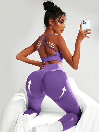 SHEIN Sport Studio طقم رياضي للنساء بقصة تقاطعية في الظهر وخصر عريض ومؤخرة منتفخة، شورت رياضي وتنانير رياضية