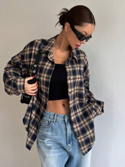 Strévra قميص نسائي كاجوال أكمام منسدلة، أزرار، جيب، أكمام طويلة، ياقة، فضفاض، متعدد الألوان بطبعة مربعات، بلوزة سيدة مناسبة للربيع/الخريف، لارتداء اليومي الكاجوال، ملابس علوية أكمام طويلة، ملابس رمضان