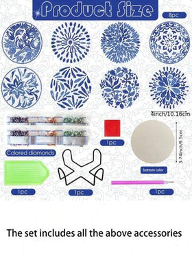 8قطعات/طقم بورسلين أزرق وأبيض نمط لوحة الماس DIY كوستر عدة مع شكل خاص الماس و AB الماس , مع حامل الكأس