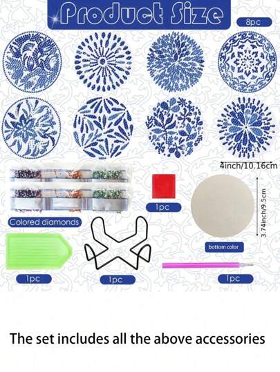 8قطعات/طقم بورسلين أزرق وأبيض نمط لوحة الماس DIY كوستر عدة مع شكل خاص الماس و AB الماس , مع حامل الكأس