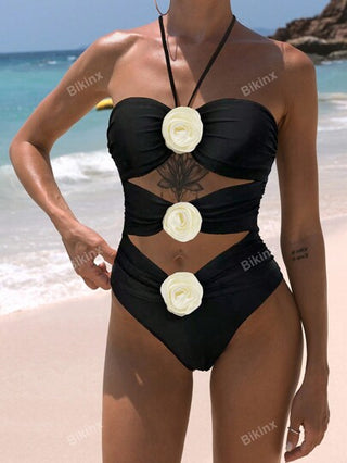مايوه حريمي قطعة واحدة Bikinx بدلة سباحة قطعة واحدة صيفية جذابة على شكل زهرة ثلاثية الأبعاد مع قصة حول الرقبة