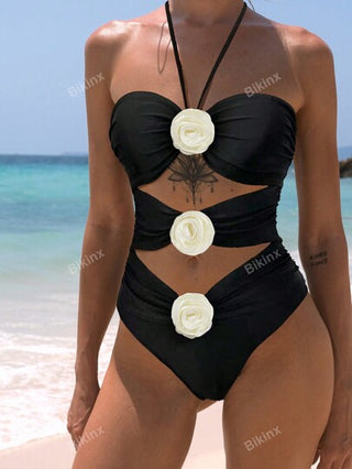 مايوه حريمي قطعة واحدة Bikinx بدلة سباحة قطعة واحدة صيفية جذابة على شكل زهرة ثلاثية الأبعاد مع قصة حول الرقبة