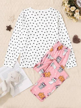 SHEIN بيجامة بنات المراهقات مطبوعة بنمط القلب والقطط