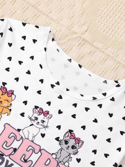 SHEIN بيجامة بنات المراهقات مطبوعة بنمط القلب والقطط