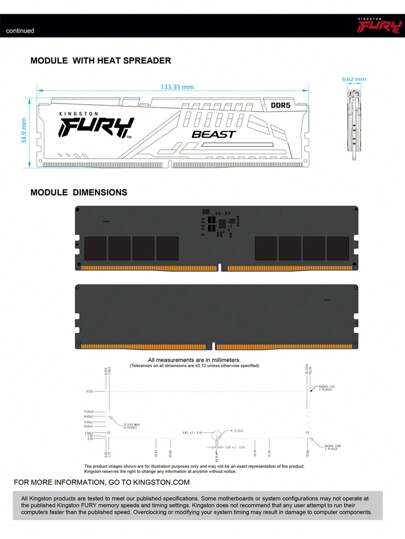 KINGSTON ذاكرة RAM Kingston FURY Beast DDR5 16GB 32GB 5200MHz 5600MHz 6000MHz لسطح المكتب لمعالجات AMD Intel CPU Motherboard