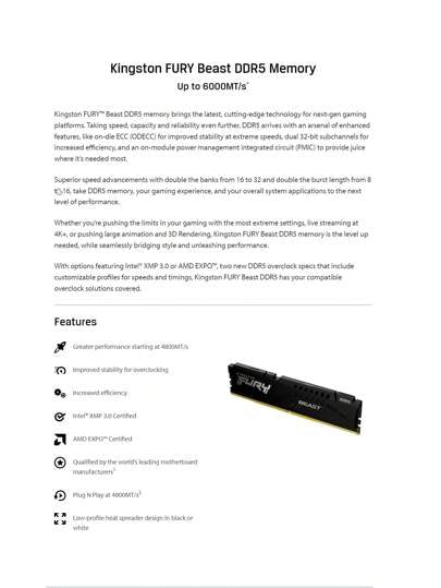 KINGSTON ذاكرة RAM Kingston FURY Beast DDR5 16GB 32GB 5200MHz 5600MHz 6000MHz لسطح المكتب لمعالجات AMD Intel CPU Motherboard