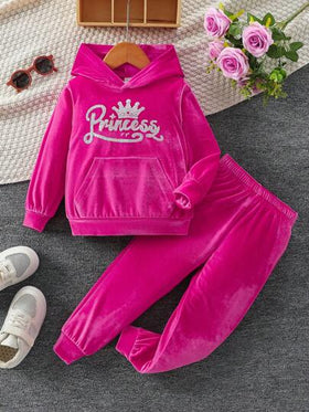 SHEIN Elladie kids مجموعة قطعتين بقلنسوة وسراويل رياضية عارضة للبنات، بتصميم طباعة بريق الحروف، أكمام طويلة، لفصل الخريف