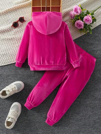SHEIN Elladie kids مجموعة قطعتين بقلنسوة وسراويل رياضية عارضة للبنات، بتصميم طباعة بريق الحروف، أكمام طويلة، لفصل الخريف
