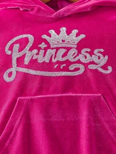 SHEIN Elladie kids مجموعة قطعتين بقلنسوة وسراويل رياضية عارضة للبنات، بتصميم طباعة بريق الحروف، أكمام طويلة، لفصل الخريف