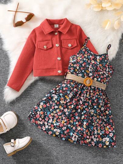 SHEIN Vintaside Kids جاكيت بتفاصيل الطية للبنات وفستان قطني بتفاصيل زهرية صغيرة
