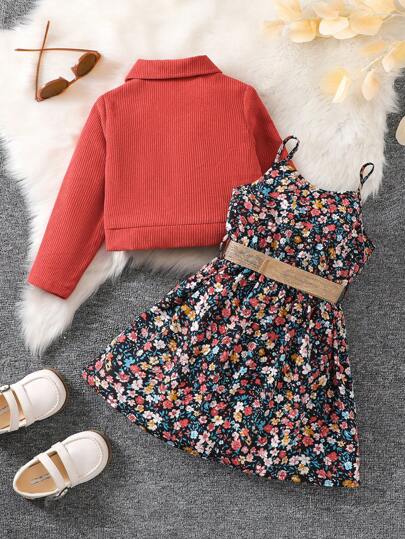 SHEIN Vintaside Kids جاكيت بتفاصيل الطية للبنات وفستان قطني بتفاصيل زهرية صغيرة