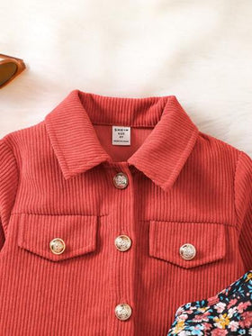 SHEIN Vintaside Kids جاكيت بتفاصيل الطية للبنات وفستان قطني بتفاصيل زهرية صغيرة