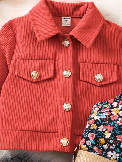 SHEIN Vintaside Kids جاكيت بتفاصيل الطية للبنات وفستان قطني بتفاصيل زهرية صغيرة