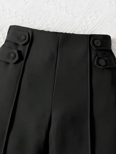 SHEIN Elladie kids بنطلون ذو ساق مستقيمة مع تفاصيل خياطة وأزرار للفتاة الشابة