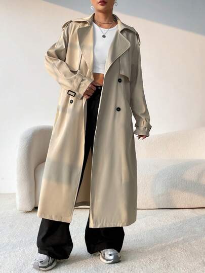 x Carly Lawrence EZwear معطف ترنش مزدوج الصدر مربوط بحزام للخريف/الشتاء