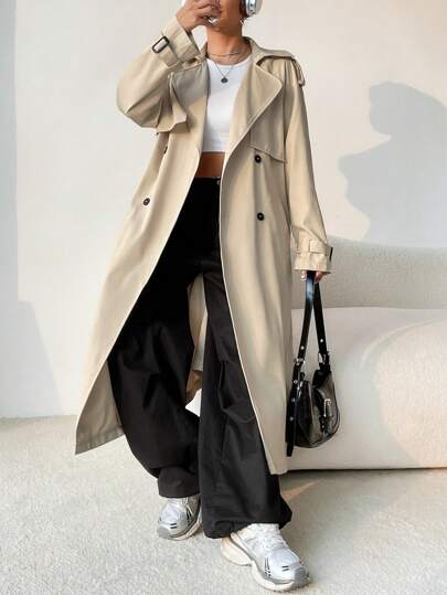 x Carly Lawrence EZwear معطف ترنش مزدوج الصدر مربوط بحزام للخريف/الشتاء