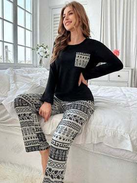 SHEIN طقم بيجامة بأكمام طويلة وبنطلون بطبعات هندسية، ملابس خريف وشتاء