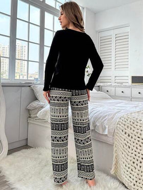 SHEIN طقم بيجامة بأكمام طويلة وبنطلون بطبعات هندسية، ملابس خريف وشتاء