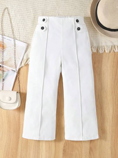 SHEIN Elladie kids بنطلون فضفاض بأرجل واسعة للفتاة الصغيرة بزر تفاصيل
