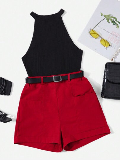 SHEIN Essnce لباس علوي رسن & بنطلون قصير بدون حزام