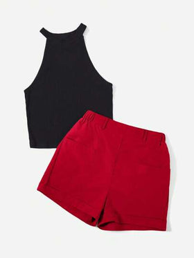 SHEIN Essnce لباس علوي رسن & بنطلون قصير بدون حزام