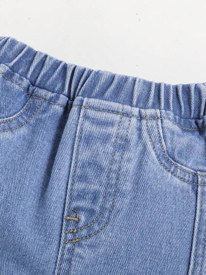 SHEIN بنطلون جينز رياضي عريض للأولاد الرضع ذو أساور مرنة