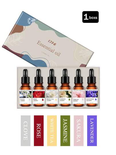 6 قطع مجموعة زيوت عطرية أساسية - 1 زهرة اللافندر، 1 زهرة الكرز، 1 الياسمين، 1 شاي أبيض، 1 وردة، 1 القرنفل، موزع عطري، شمعة، حجر عطري، مرطب، موزع للسيارة، زيت تعبئة، هدية عيد الهالوين