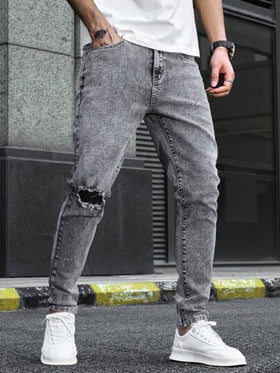 Manfinity Homme جينز بقصّة ضيقة من قطن الرجال الرمادي الفاتح الأساسي للعطلات، ممزّق من التنظيف والغسيل وطويل يصلح للآباء والأولاد