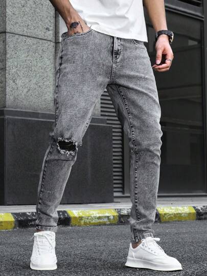 Manfinity Homme جينز بقصّة ضيقة من قطن الرجال الرمادي الفاتح الأساسي للعطلات، ممزّق من التنظيف والغسيل وطويل يصلح للآباء والأولاد